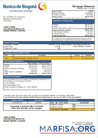 Printable Colombia Banco de Bogotá bank mortgage statement scr sample